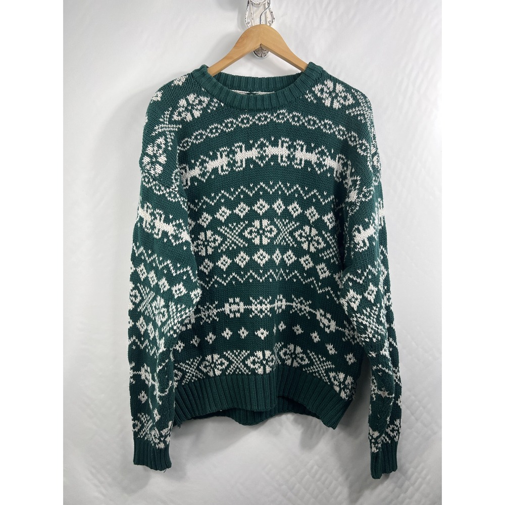 VTG EDDIE BAUER Fair Isle Sweater Green XL‎ Made in UK Cotton Crew Neck
